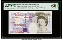 Low Serial 000090 Great Britain Bank of England 20 Pounds 1993 (ND 1999) Pick 387b PMG Gem Uncirculated 66 EPQ. The Lowther signature on this variety ...