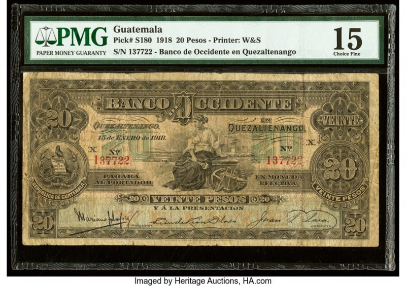 Guatemala Banco de Occidente en Quezaltenango 20 Pesos 15.1.1918 Pick S180 PMG C...