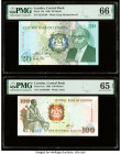 Lesotho Central Bank of Lesotho 20; 100 Maloti (1990-1994) Pick 12a; 18a Two Examples PMG Gem Uncirculated 66 EPQ; Gem Uncirculated 65 EPQ. 

HID09801...