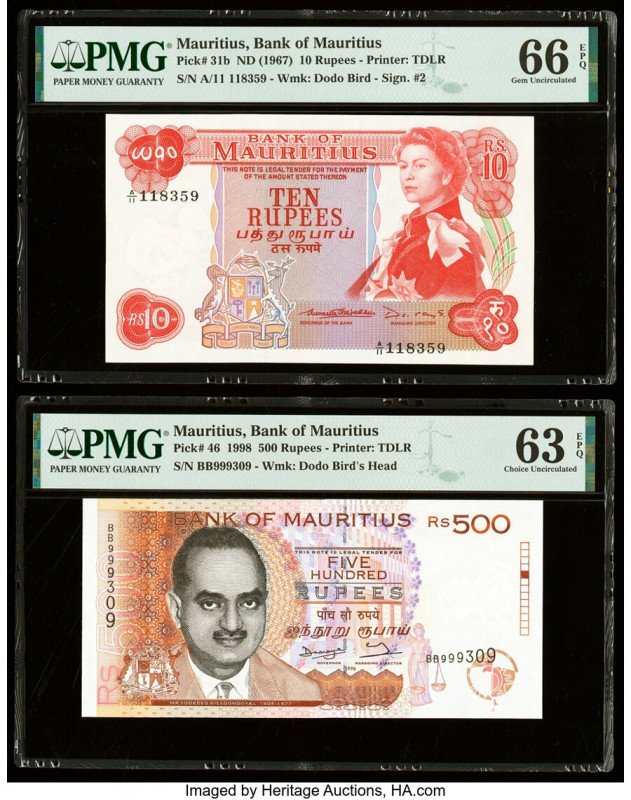 Mauritius Bank of Mauritius 10; 500 Rupees ND (1967); 1998 Pick 31b; 46 Two Exam...