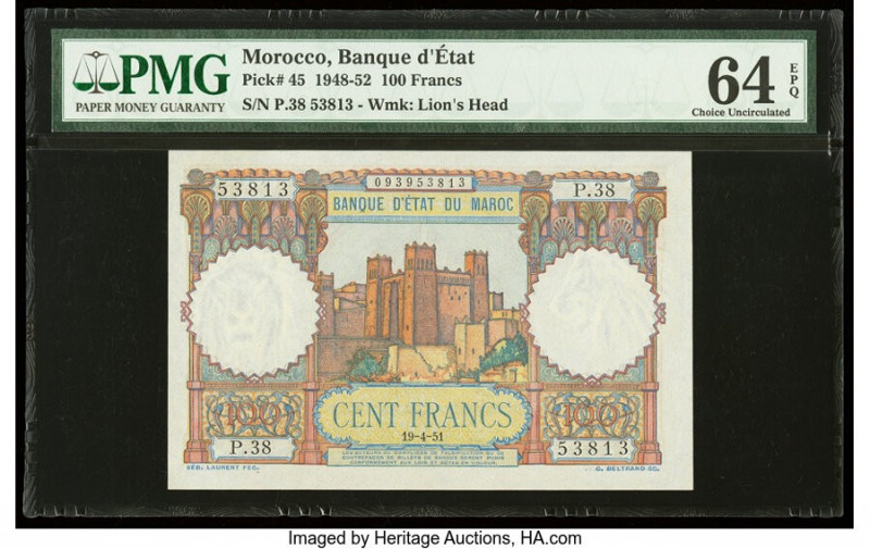 Morocco Banque d'Etat du Maroc 100 Francs 19.4.1951 Pick 45 PMG Choice Uncircula...