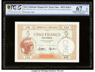 New Caledonia Banque de l'Indochine, Noumea 5 Francs ND (1937) Pick 36bs Specimen PCGS Banknote Superb Gem UNC 67 OPQ. Roulette Specimen punch is pres...