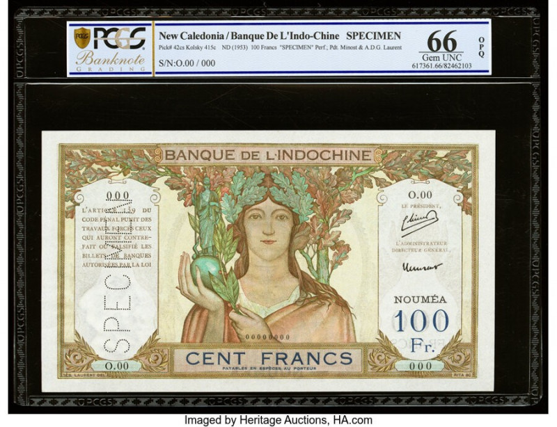 New Caledonia Banque de l'Indochine, Noumea 100 Francs ND (1953) Pick 42cs Speci...