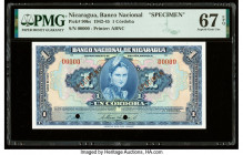 Nicaragua Banco Nacional 1 Cordoba 1945 Pick 90bs Specimen PMG Superb Gem Unc 67 EPQ. Red Specimen overprints and two POCs are present on this example...