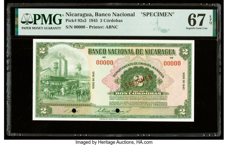 Nicaragua Banco Nacional 2 Cordobas 1945 Pick 92s2 Specimen PMG Superb Gem Unc 6...