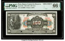 Peru Banco Central de Reserva 100 Soles 31.3.1933 Pick 69s Specimen PMG Gem Uncirculated 66 EPQ. Red Specimen overprints and three POCs are present on...