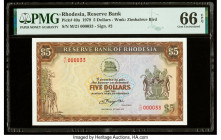 Low Serial 000033 Rhodesia Reserve Bank of Rhodesia 5 Dollars 15.5.1979 Pick 40a PMG Gem Uncirculated 66 EPQ. This lot is part of a matching low seria...