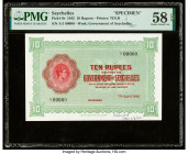 Seychelles Government of Seychelles 10 Rupees 7.4.1942 Pick 9s Specimen PMG Choice About Unc 58 EPQ. Printer's annotations are present on this example...