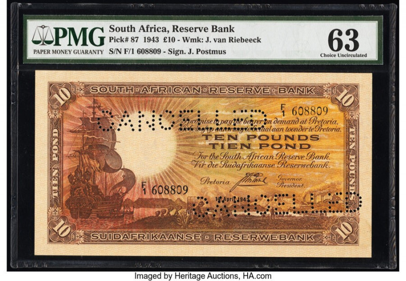 South Africa South African Reserve Bank 10 Pounds 14.4.1943 Pick 87 PMG Choice U...