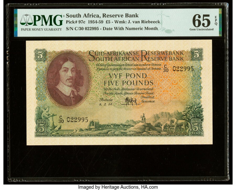 South Africa South African Reserve Bank 5 Pounds 8.2.1954 Pick 97c PMG Gem Uncir...
