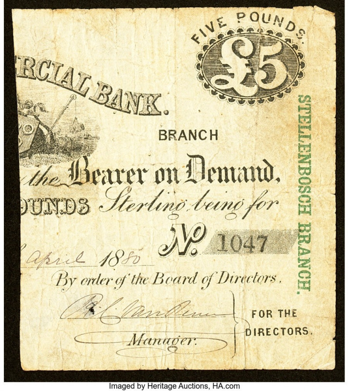 South Africa Cape Commercial Bank 5 Pounds 1800's Pick S602 Fine. One half of a ...