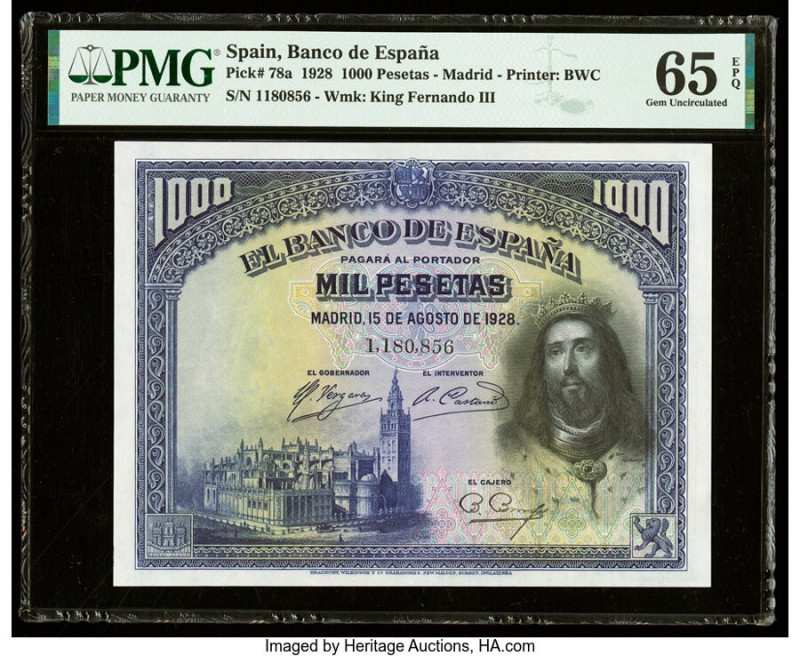 Spain Banco de Espana 1000 Pesetas 15.8.1928 Pick 78a PMG Gem Uncirculated 65 EP...