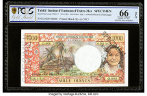 Tahiti Institut D'Emission D'Outre-Mer 1000 Francs ND (1971-85) Pick 27ds Specimen PCGS Gold Shield Gem UNC 66 OPQ. A roulette Specimen punch is prese...