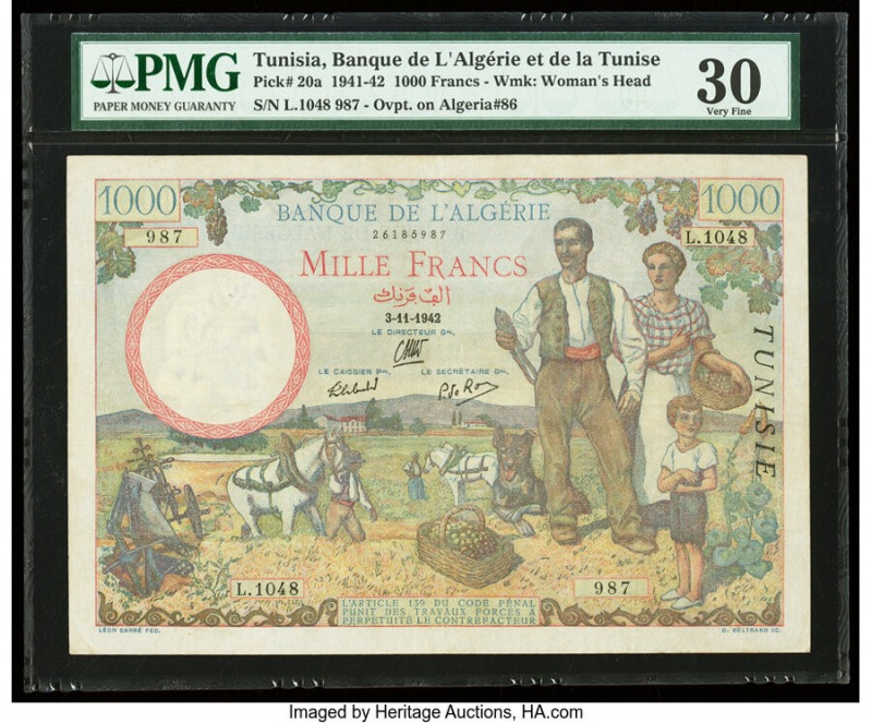 Tunisia Banque de l'Algerie 1000 Francs 3.11.1942 Pick 20a PMG Very Fine 30. 

H...