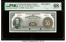 Venezuela Banco Central De Venezuela 50 Bolivares ND (1940-60) Pick 33s Specimen PMG Superb Gem Unc 68 EPQ. Red Specimen overprints and two POCs are p...