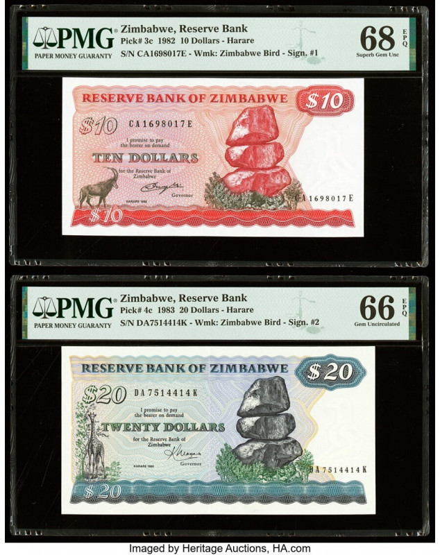 Zimbabwe Reserve Bank of Zimbabwe 10; 20 Dollars 1982; 1983 Pick 3c; 4c Two Exam...