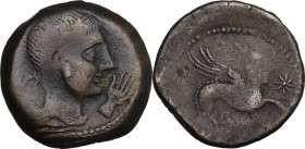 Hispania. Iberia, Castulo. Celtiberian coinage. AE 22 mm, 2nd century BC. Obv. Youthful male head right; before, hand. Rev. Sphinx right; to right, st...