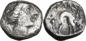 Celtic World. Cisalpine Gaul, Insubres. AR Drachm, mid 2nd century BC. Imitating Massalia. Obv. Female head right. Rev. Stylized lion right; pseudo le...