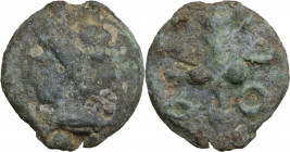 Greek Italy. Etruria, Volaterrae. AE Sextans, 230-220 BC. Obv. Janiform head wearing pointed petasos. Rev. Club flanked by two pellets. HN Italy 109f....