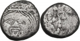 Greek Italy. Etruria, Populonia. AR 20 units, 3rd century BC. Obv. Gorgoneion facing. Rev. Two caducei. HN Italy 150; Vecchi EC Series 48; HGC 1 112. ...
