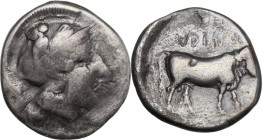 Greek Italy. Northern Apulia, Hyrium. AR Didrachm, 405-385 BC. Obv. Head of Athena right, wearing Attic helmet decorated with owl and wreath. Rev. Man...