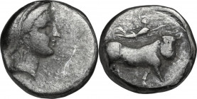 Greek Italy. Central and Southern Campania, Neapolis. AR Didrachm, c. 320-300 BC. Obv. Head of nymph right, wearing thick band in hair. Rev. Man-heade...