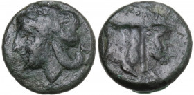 Greek Italy. Central and Southern Campania, Neapolis. AE 13.5 mm, c. 300-275 BC. Obv. Laureate head of Apollo left. Rev. Forepart of man-faced bull ri...