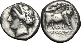 Greek Italy. Central and Southern Campania, Neapolis. AR Didrachm, c. 275-250 BC. Obv. Head of nymph left; uncertain symbol behind. Rev. Man-headed bu...