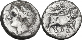 Greek Italy. Central and Southern Campania, Neapolis. AR Didrachm, 275-250 BC. Obv. Head of nymph left. Rev. Man-headed bull right; above, Nike flying...