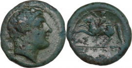 Greek Italy. Central and Southern Campania, Neapolis. AE 19mm. 250-225 BC. Obv. Male head right. Rev. Horseman (Dioskouros) riding left; A Σ below; ΝΕ...