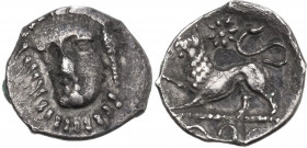 Greek Italy. Central and Southern Campania, Phistelia. AR Obol, c. 325-275 BC. Obv. Head of nymph facing slightly left. Rev. Lion running left; serpen...