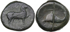Greek Italy. Northern Apulia, Salapia. AE 18 mm, c. 275-250 BC. Obv. Horse right. Rev. Dolphin left; above, trident. HN Italy 686 var. (dolphin right)...