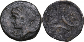 Greek Italy. Northern Apulia, Venusia. AE Teruncius, c. 210-200 BC. Obv. Head of Juno left, veiled; to left, VE ligate; [three pellets to right]. Rev....