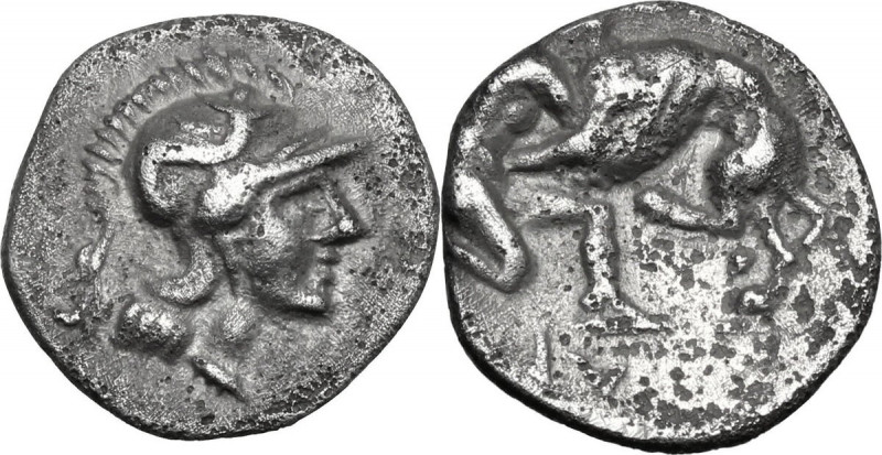 Greek Italy. Southern Apulia, Caelia. AR Diobol, 325-275 BC. Obv. Head of Athena...