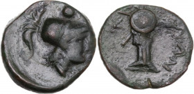 Greek Italy. Southern Apulia, Caelia. AE Uncia, c. 220-150 BC. Obv. Helmeted head of Athena right; above, pellet. Rev. Trophy; to left, palm branch; t...