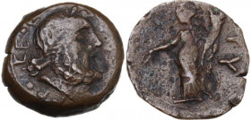 Greek Italy. Southern Apulia, Rubi. AE 17 mm. c. 300-225 BC. Obv. ΓP. CE. E. Laureate head of Zeus right. Rev. Tyche standing left, holding patera and...