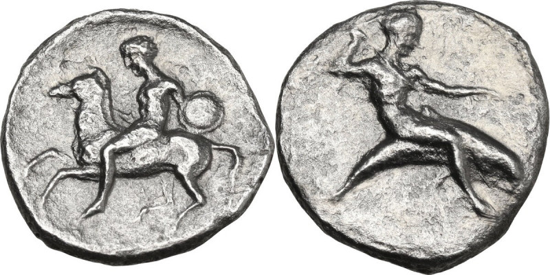 Greek Italy. Southern Apulia, Tarentum. AR Nomos, 380-340 BC. Obv. Horseman left...