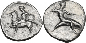 Greek Italy. Southern Apulia, Tarentum. AR Nomos, 380-340 BC. Obv. Horseman left, holding round shield. Rev. Phalanthos riding on dolphin right. HN It...