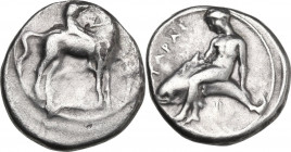 Greek Italy. Southern Apulia, Tarentum. AR Nomos, 380-3400 BC. Obv. Horseman right, crowning horse. Rev. Phalanthos riding on dolphin left, both hands...