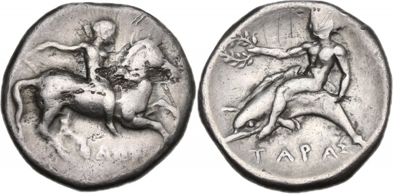 Greek Italy. Southern Apulia, Tarentum. AR Nomos, c. 380-340 BC. Obv. Youth on h...
