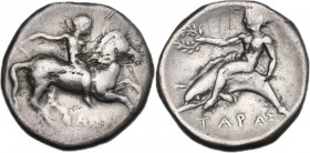Greek Italy. Southern Apulia, Tarentum. AR Nomos, c. 380-340 BC. Obv. Youth on horse galloping right; ΔOP below. Rev. Phalanthos, holding wreath, ridi...