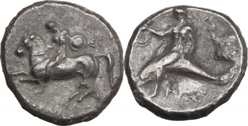 Greek Italy. Southern Apulia, Tarentum. AR Nomos, 302-280 BC. Obv. Horseman dism...