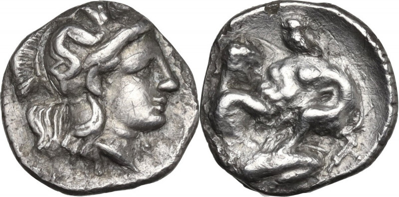 Greek Italy. Southern Apulia, Tarentum. AR Diobol, c. 340 BC. Obv. Head of Athen...