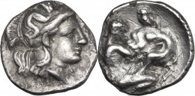 Greek Italy. Southern Apulia, Tarentum. AR Diobol, c. 340 BC. Obv. Head of Athena right, wearing helmet decorated with Scylla. Rev. Heracles kneeling ...