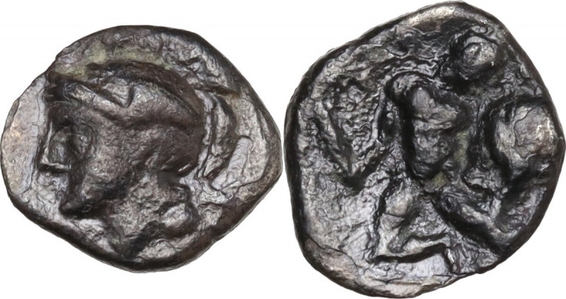 Greek Italy. Southern Apulia, Tarentum. AR Diobol, 380-334 BC. Obv. Helmeted hea...
