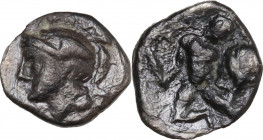 Greek Italy. Southern Apulia, Tarentum. AR Diobol, 380-334 BC. Obv. Helmeted head of Athena left. Rev. Herakles kneeling left, holding club, fighting ...