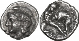 Greek Italy. Southern Apulia, Tarentum. AR Diobol, 380-334 BC. Obv. Helmeted head of Athena left. Rev. Herakles fighting the Nemean Lion. Vlasto 1468....