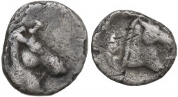 Greek Italy. Southern Apulia, Tarentum. AR 3/4 Obol, c. 325-280 BC. Obv. Head of horse, right. Rev. Head of horse, right. HN Italy 981. AR. 0.34 g. 9....