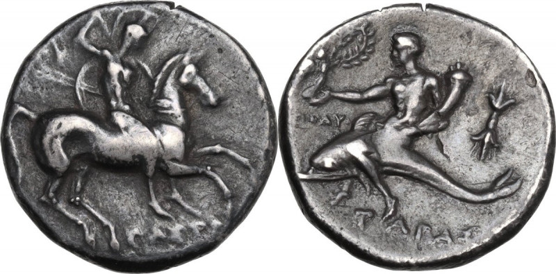 Greek Italy. Southern Apulia, Tarentum. AR Nomos, 280-272 BC. Obv. Horseman righ...