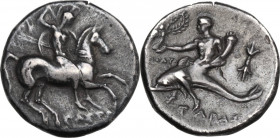 Greek Italy. Southern Apulia, Tarentum. AR Nomos, 280-272 BC. Obv. Horseman right, spearing downwards. Rev. Phalanthos riding on dolphin left, holding...